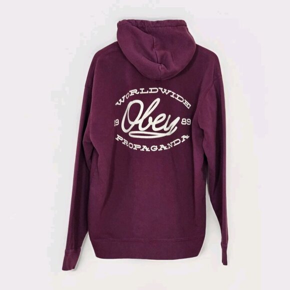 Obey Hoodie Mens L Burgundy Worldwide Propganda LS Fleece Skate Streetwear Punk - Picture 2 of 16